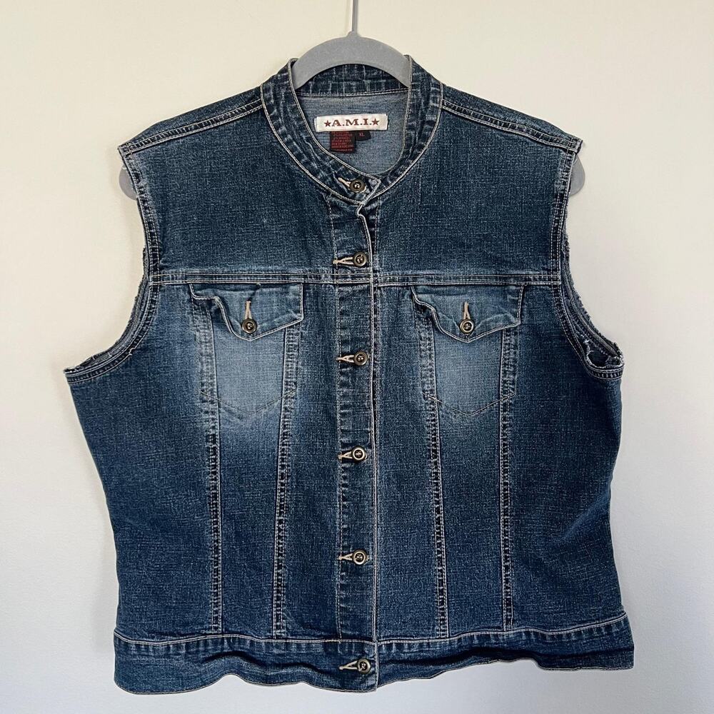A.M.I. Vintage Dark Wash Denim Vest Mandarin Collar Size XL‎